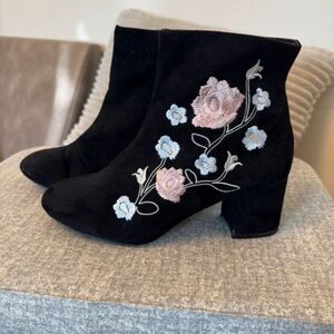 Wanted Black Ankle Boots with Pink and Light Blue Floral Embroidery